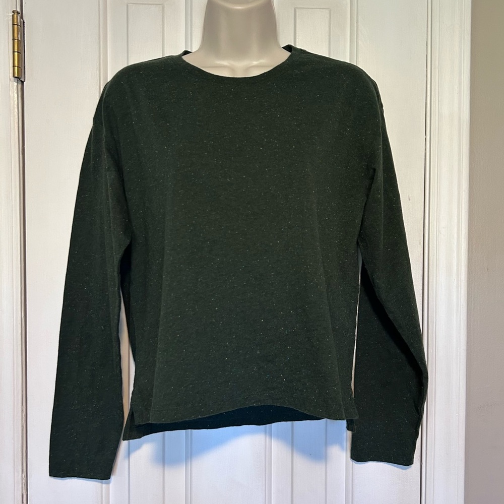BOMBAS Pima Cotton Long Sleeve Cropped Pine Green Speckled Shirt | Size Medium